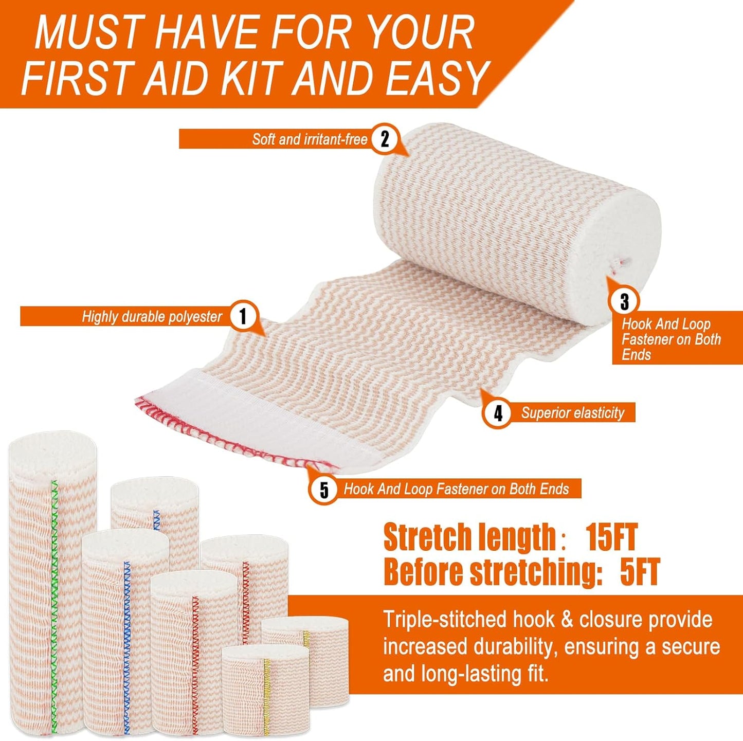 Premium Elastic Bandage Wrap 4 inch 3 Pack Reusable Versatile Self-Closing Compression Bandage Wraps for Ankles, Wrists Knee, Tummy and Body Cotton Lymphedema Wraps for Legs Latex-Free