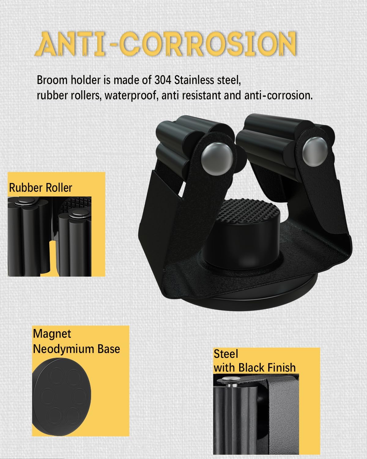 Magnetic Mop Holder, No Drilling Black Steel Magnetic Tool Mount for Home, Kitchen, Laundry, Garage, Workshop - 2 Pack/Black