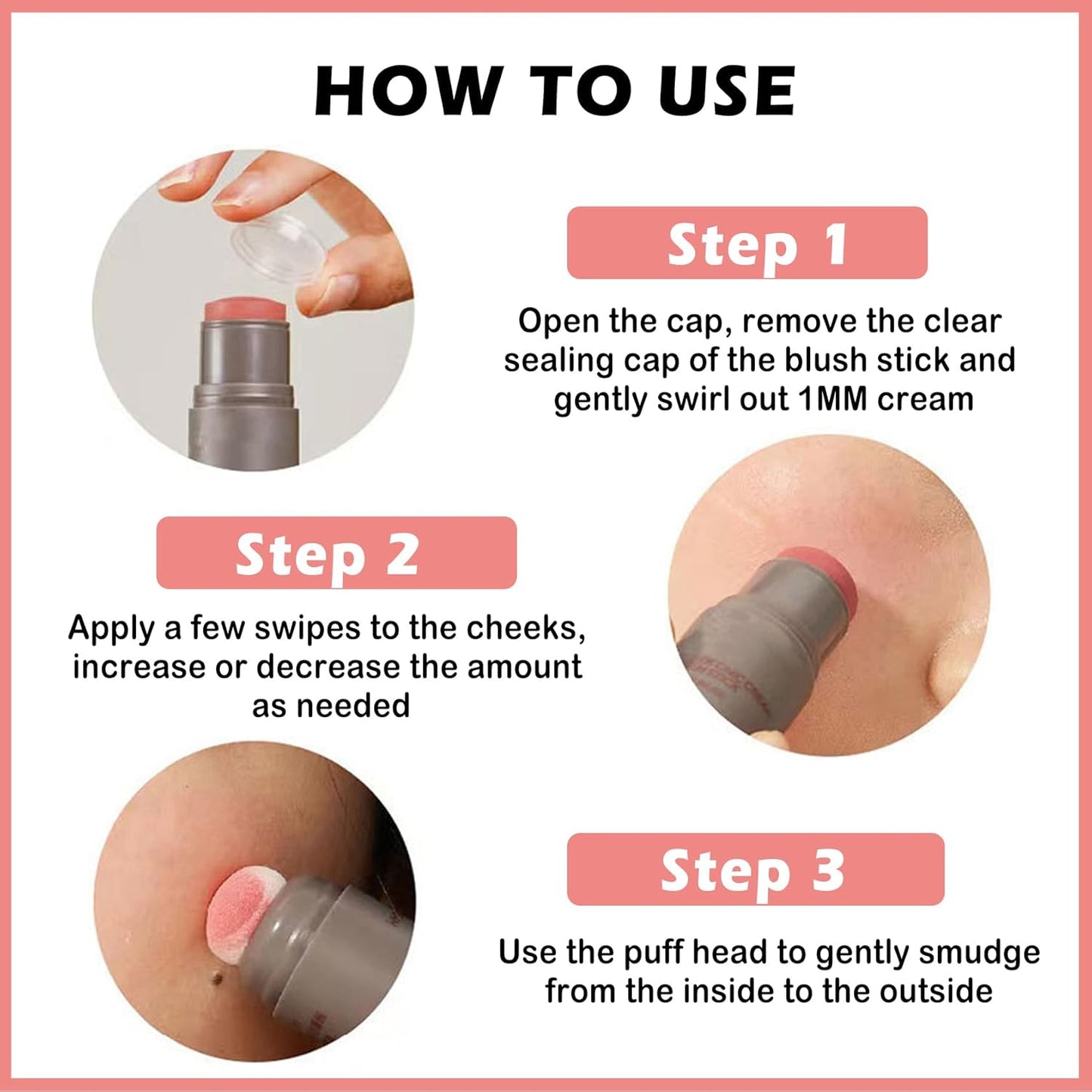 Cream Blush Stick with Sponge 3 in 1 Multi-Use Blush Makeup Stick Long Lasting Waterproof Natural Matte Cream Blush Stick for Cheeks, Lips and Eyes - Fairy Pink