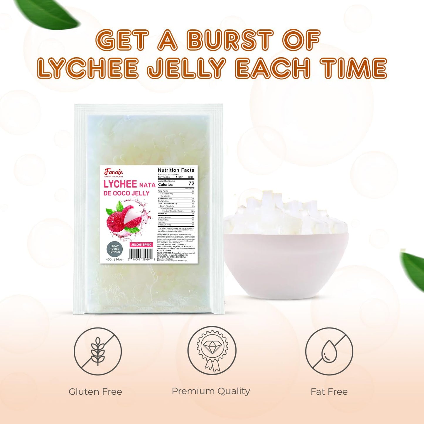 Fanale Coconut Jelly Topping nata de coco for Bubble Tea 400 g | Lychee Jelly | for Boba Tea, Smoothies, Slushes, Desserts 400g