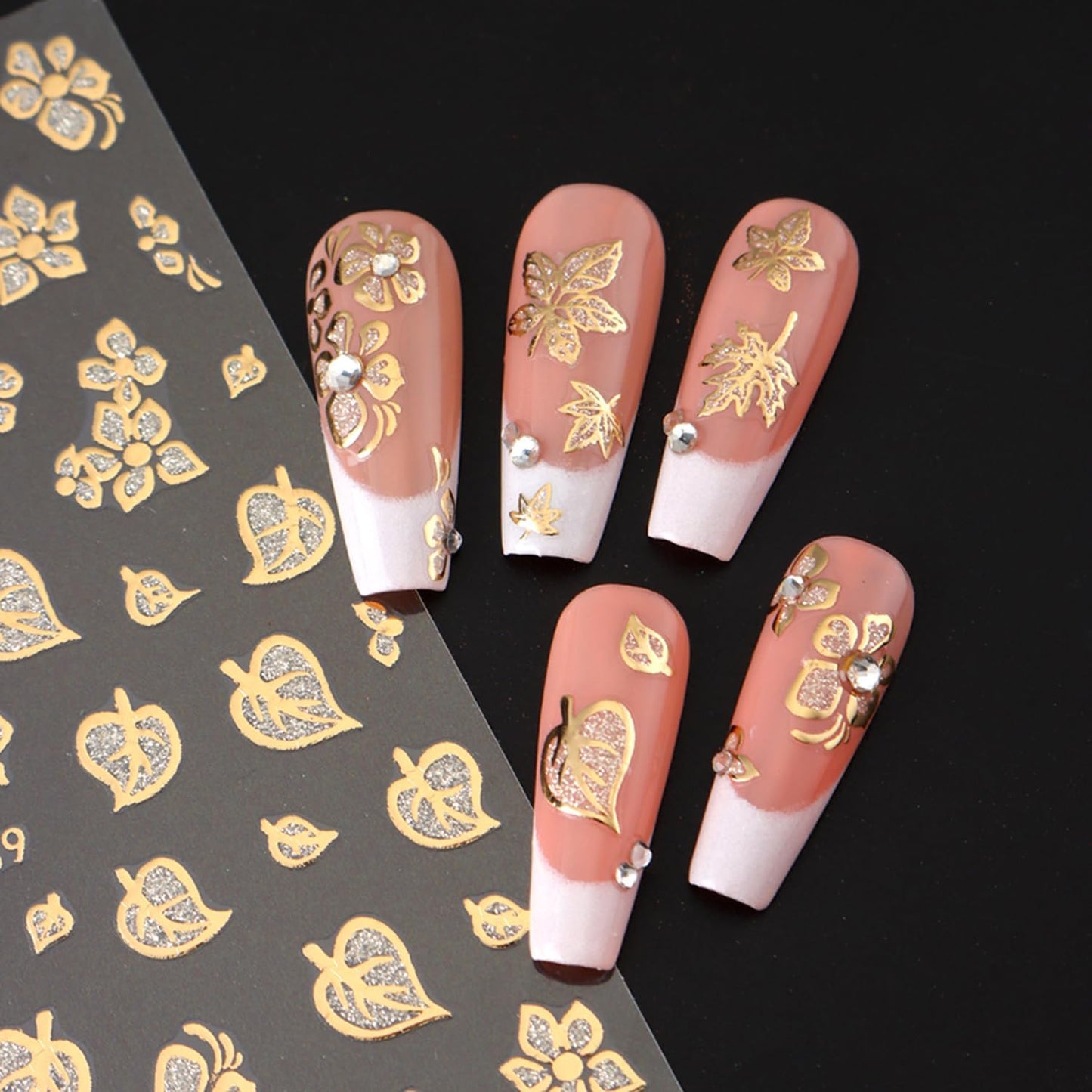 8 Sheets Fall Maple Leaf Nail Art Stickers Decals Gold French Tip Nails Stickers Butterfly Nails Decal Self-Adhesive Flower Nail Art Decal for Women Manicure Decor