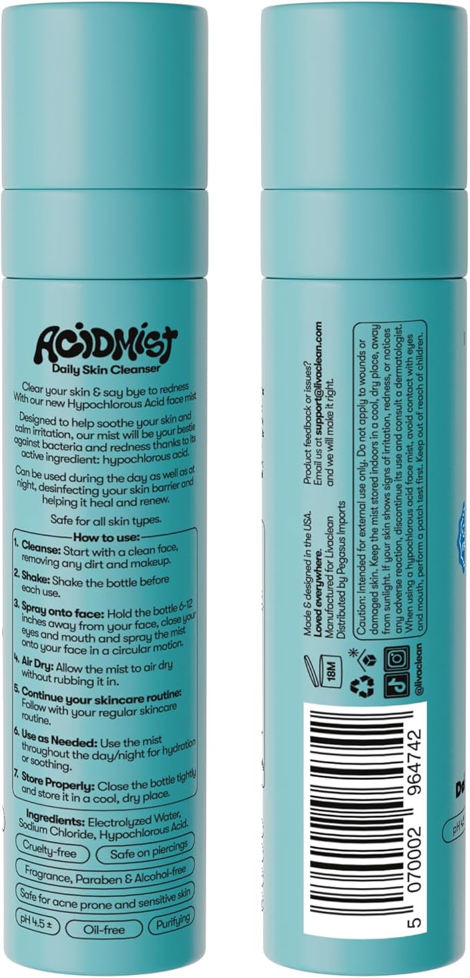 Hypochlorous Acid Spray for Face & Body - Helps Reduce Redness and Breakouts - Travel Size Hypochlorous Spray, Multi-Purpose Topical Facial Skin Repair, pH-Balancing Toner - TSA, Livaclean