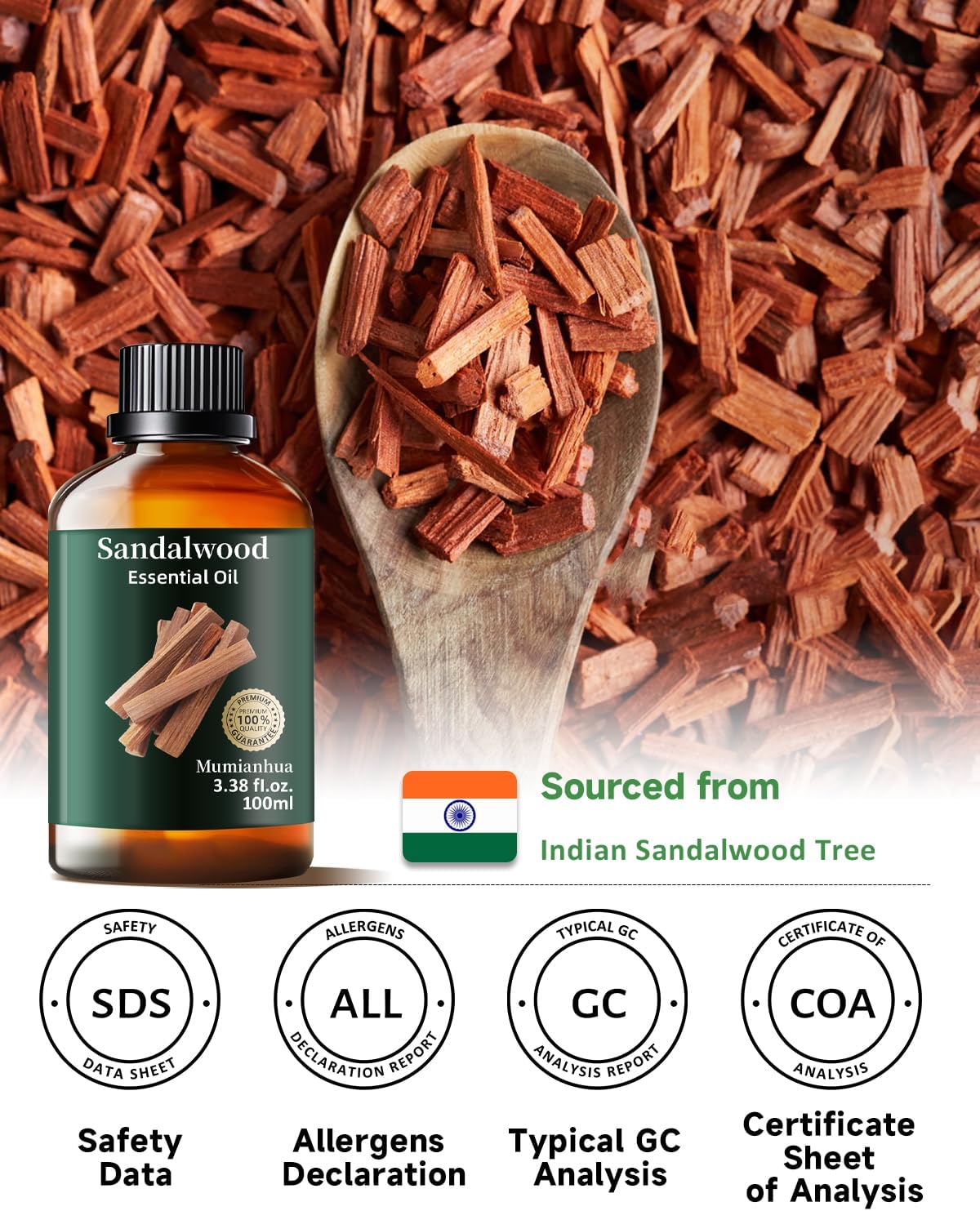 Sandalwood Essential Oil Pure,Mumianhua Natural Sandalwood Oil Undiluted Therapeutic Grade Aromatherapy Oil for Diffuser, Skin, Hair, Massage, Candle & Soap Making 3.38 Fl Oz