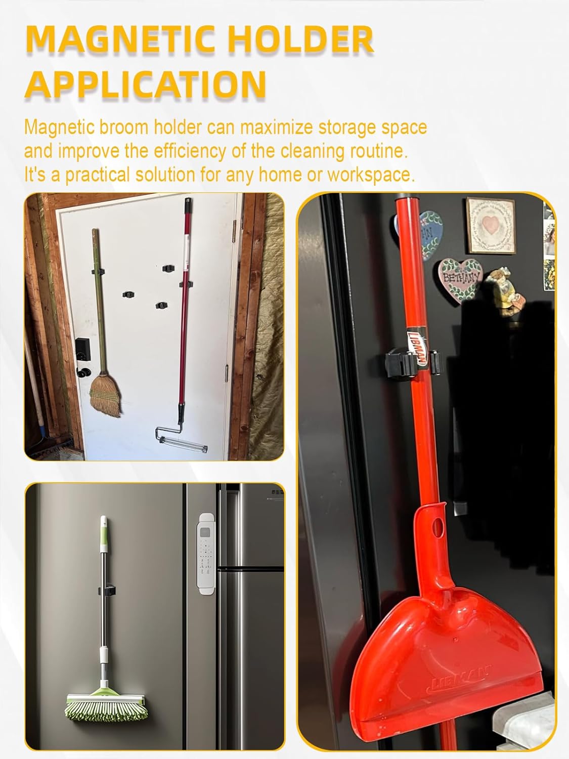 Mop Holder Magnetic, Magnetic Broom Holder for Fridge - Heavy Duty Magnetic Broom Holder Black Steel Magnetic Tool Mount for Home, Kitchen, Laundry, Garage, Workshop - 2 Pack/Black+Grey