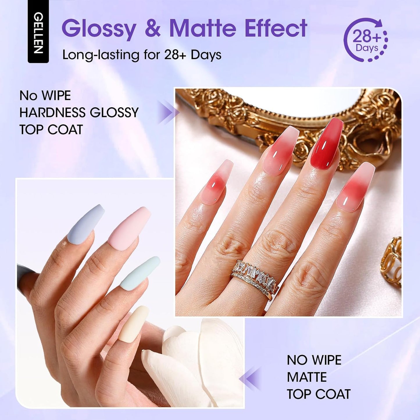GELLEN Gel Top Coat, 18ml Matte Top Coat Gel & Glossy Top Coat Nail Polish Anti-scratch, Soak Off UV, No Wipe Clear Nail Polish, Super Glossy, DIY at Home Manicure Gifts