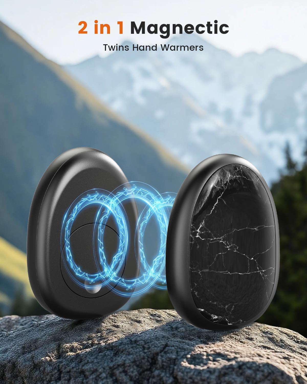 Hand Warmers Rechargeable 2 Pack, AI Temperature Control Electric Handwarmers, Stone Shape Portable Pocket Heater, Great Gift for Christmas Hunting, Golf, Camping Black