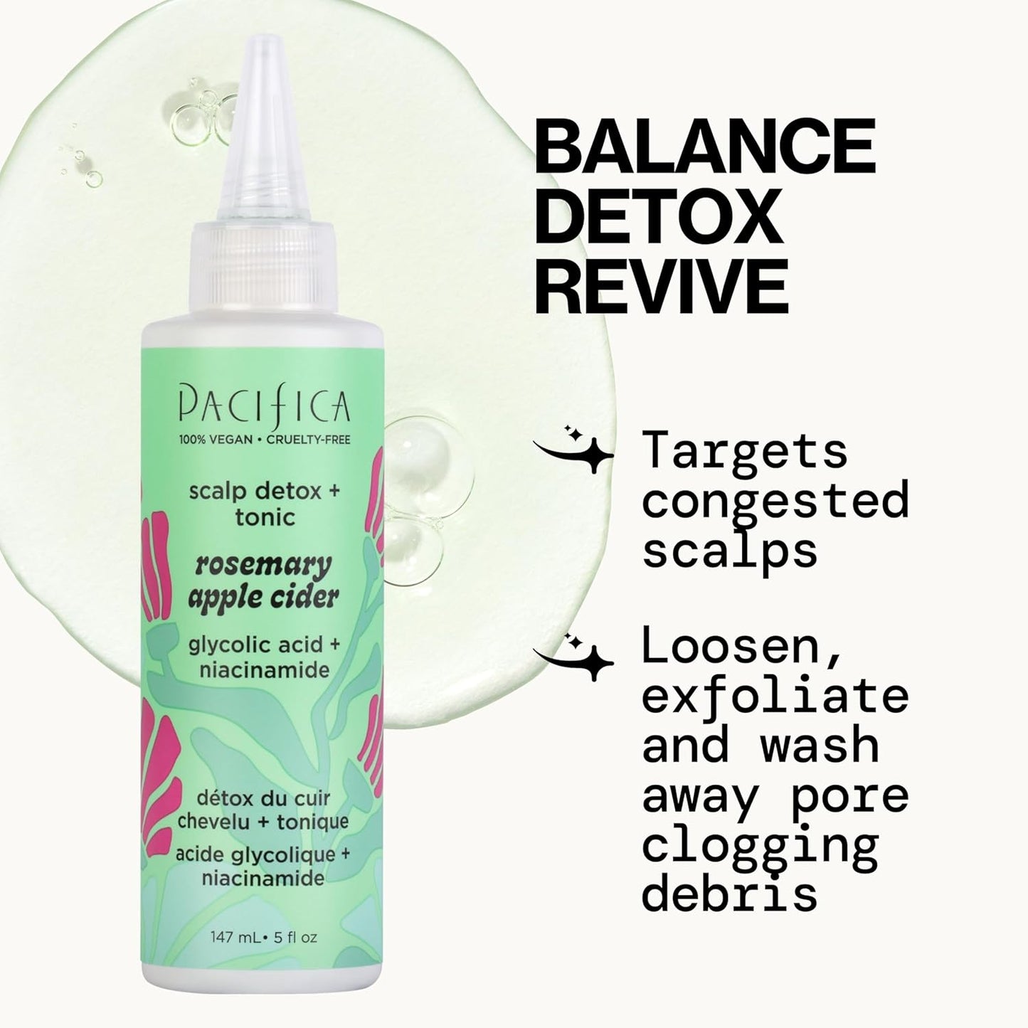 Pacifica Scalp Detox Tonic – Rosemary Apple Cider Scalp Exfoliator - Scalp Scrub w/ Salicylic Acid for Clarifying Build Up & Purifying - Itchy, Dry Scalp Treatment , Vegan & Cruelty-Free, 5 oz