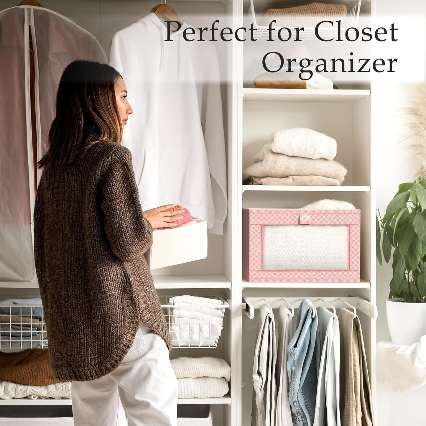 Criusia 6 Pack Linen Closet Organizers and Storage, Large Linen Closet Baskets for Organization, Foldable Storage Containers for Clothing, Towels, Jeans, Books, Shelves, Pink