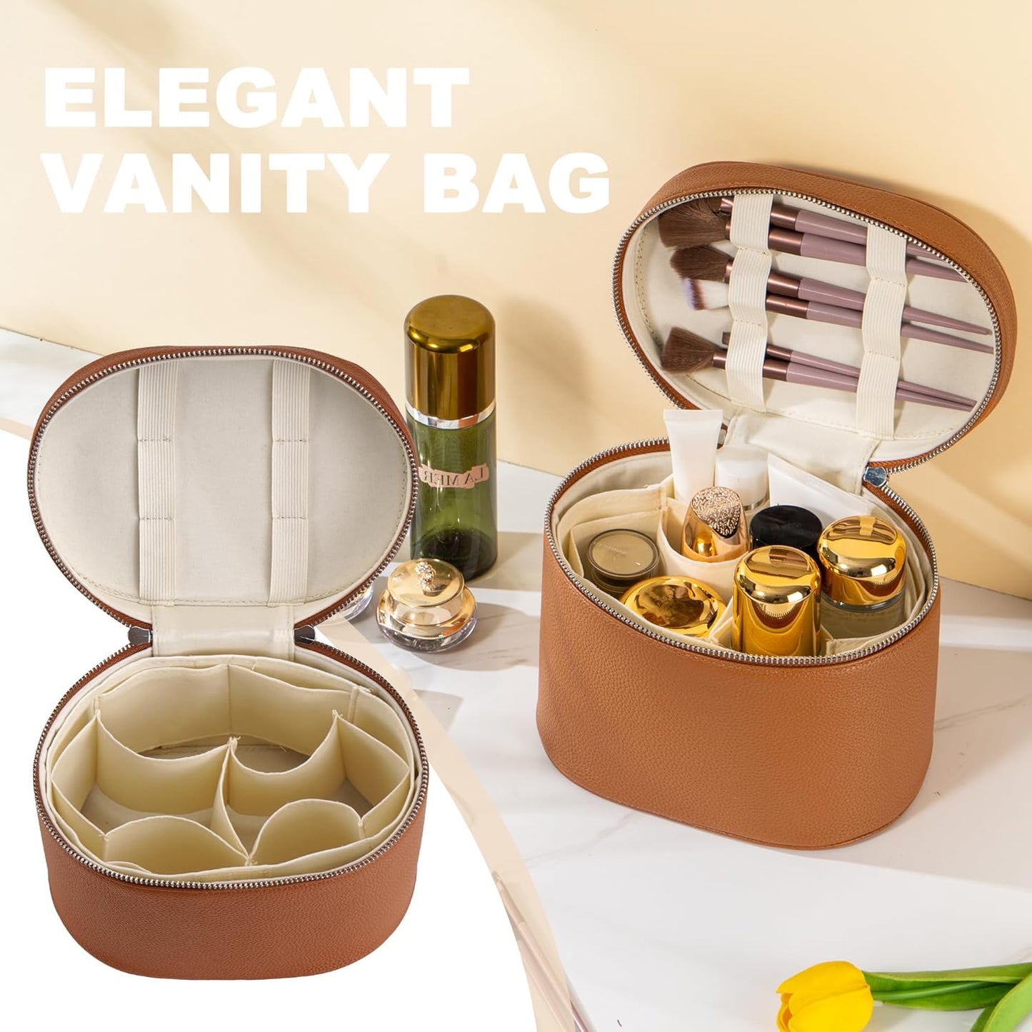 Makeup Bag Vanity Case Cosmetic Bag with Removable Divider Travel Toiletry Bag for Women Portable Make up Box Organizer, Brown