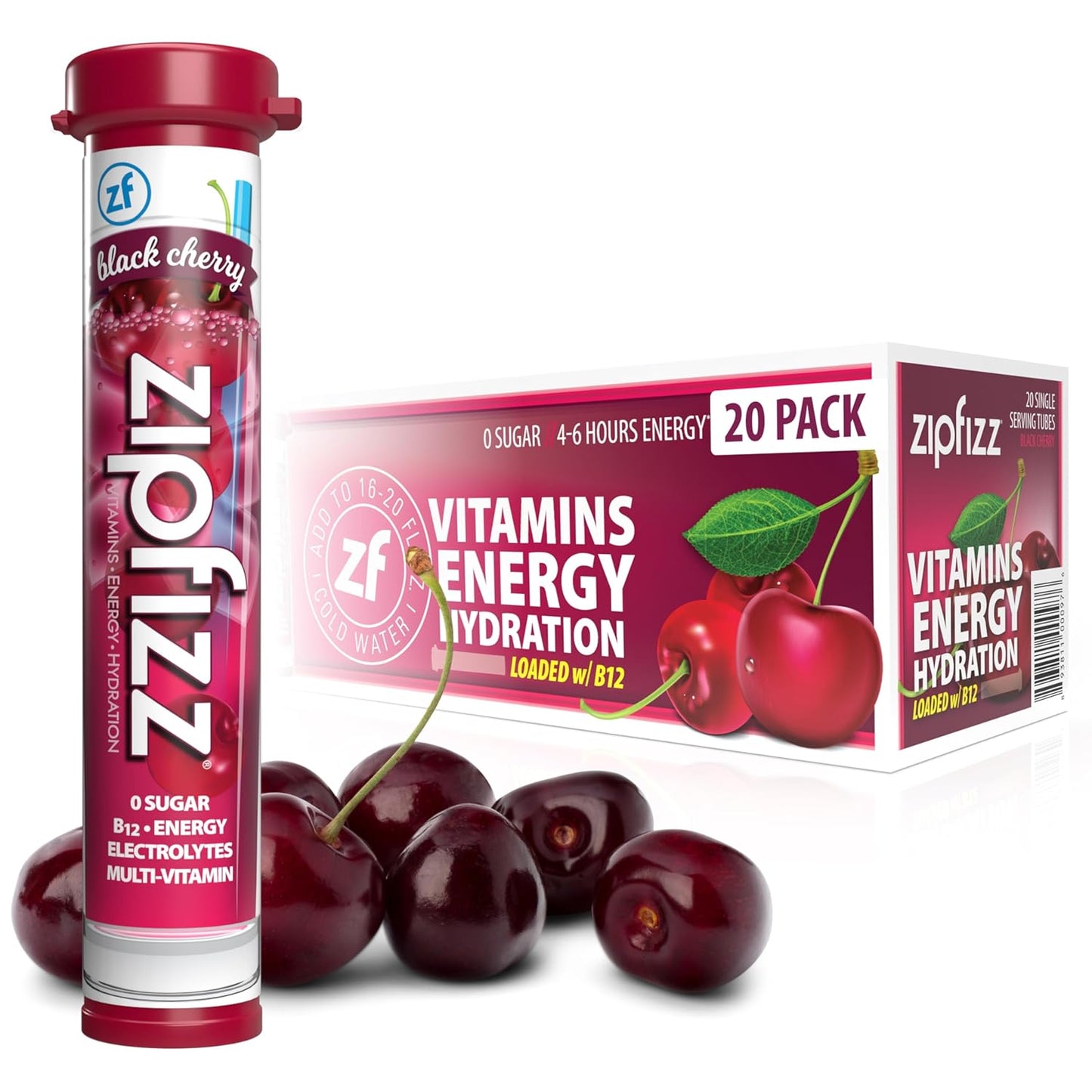 Zipfizz Daily Energy Drink Powder, Black Cherry, 20 Pack | 3-in-1 Sustained Energy, Rapid Hydration, and Essential Vitamins | Sugar-Free | Electrolyte Powder | Contains Vitamin B-12 & Antioxidants