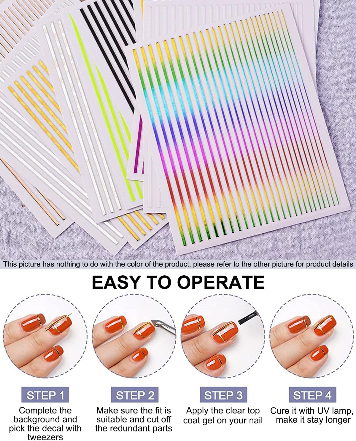 7 Sheets Nail Striping Tape Metallic Lines French Tip Manicure Strip Adhesive Holographic Foil Design Gold Sticker Decals for Nail Art