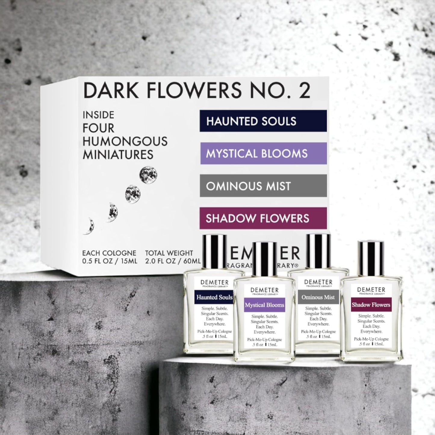 DEMETER Dark Flowers No. 2 Humongous Miniature Set of 4 Colognes, Haunted Souls - Mystical Blooms - Shadow Flowers - Ominous Mist, Perfumes for Women, 0.5 Oz Each