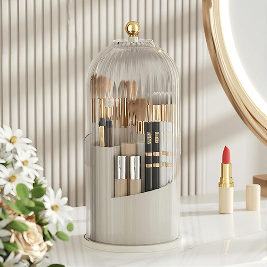 B-H1 Makeup Brush Holder with Dustproof Cover 360 Rotating Makeup Brushes Organizer for Vanity Desktop Bathroom (Transparent)