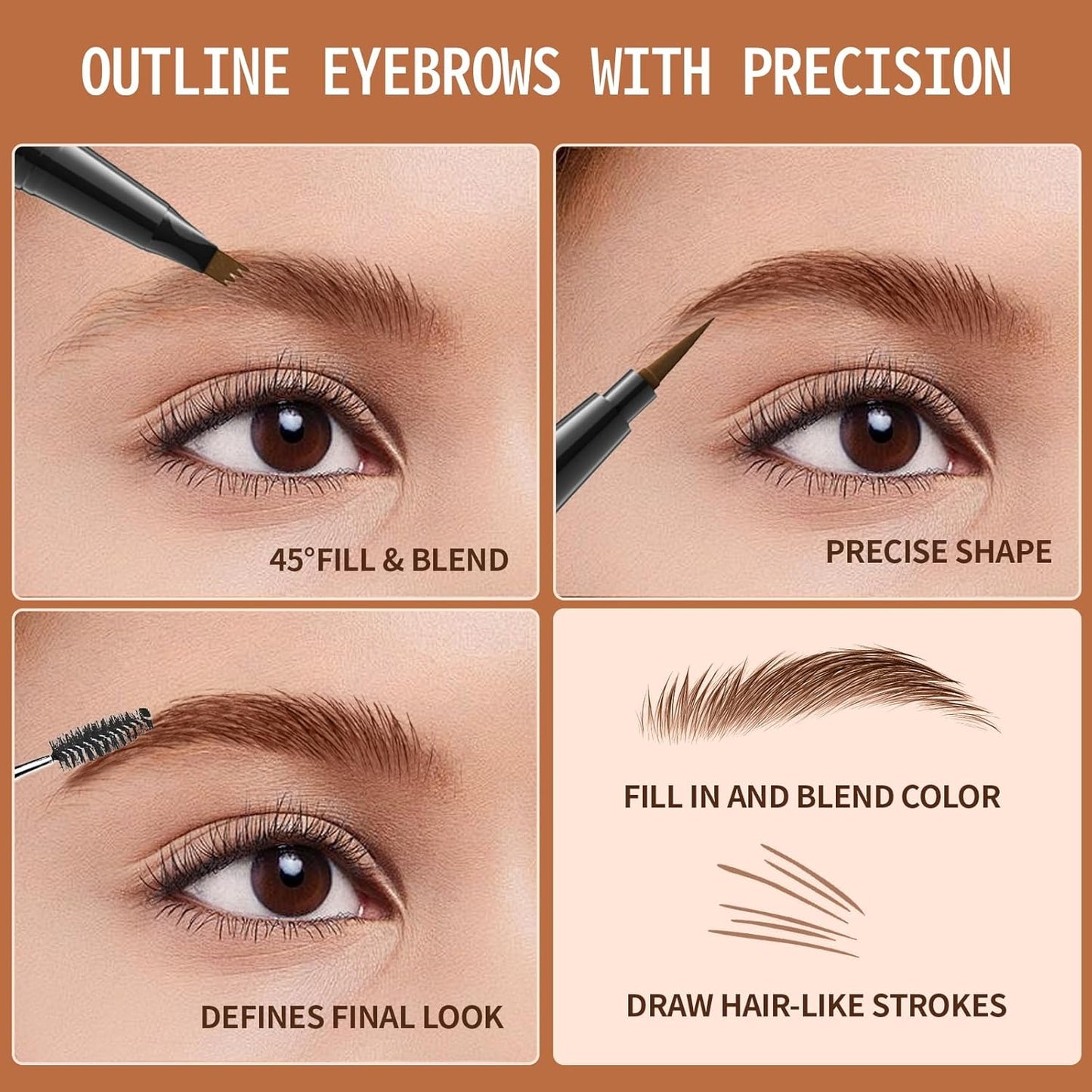 Eyebrow Pen, 2-in-1 Dual-Ended Microblading Eyebrow Pencil, Magical Faux Brow Pen with 4-Fork-Tip & Precise Brush-Tip Create Natural Hair-Like Brow, Waterproof, Stay on All Day, Light Brown, 1Pcs