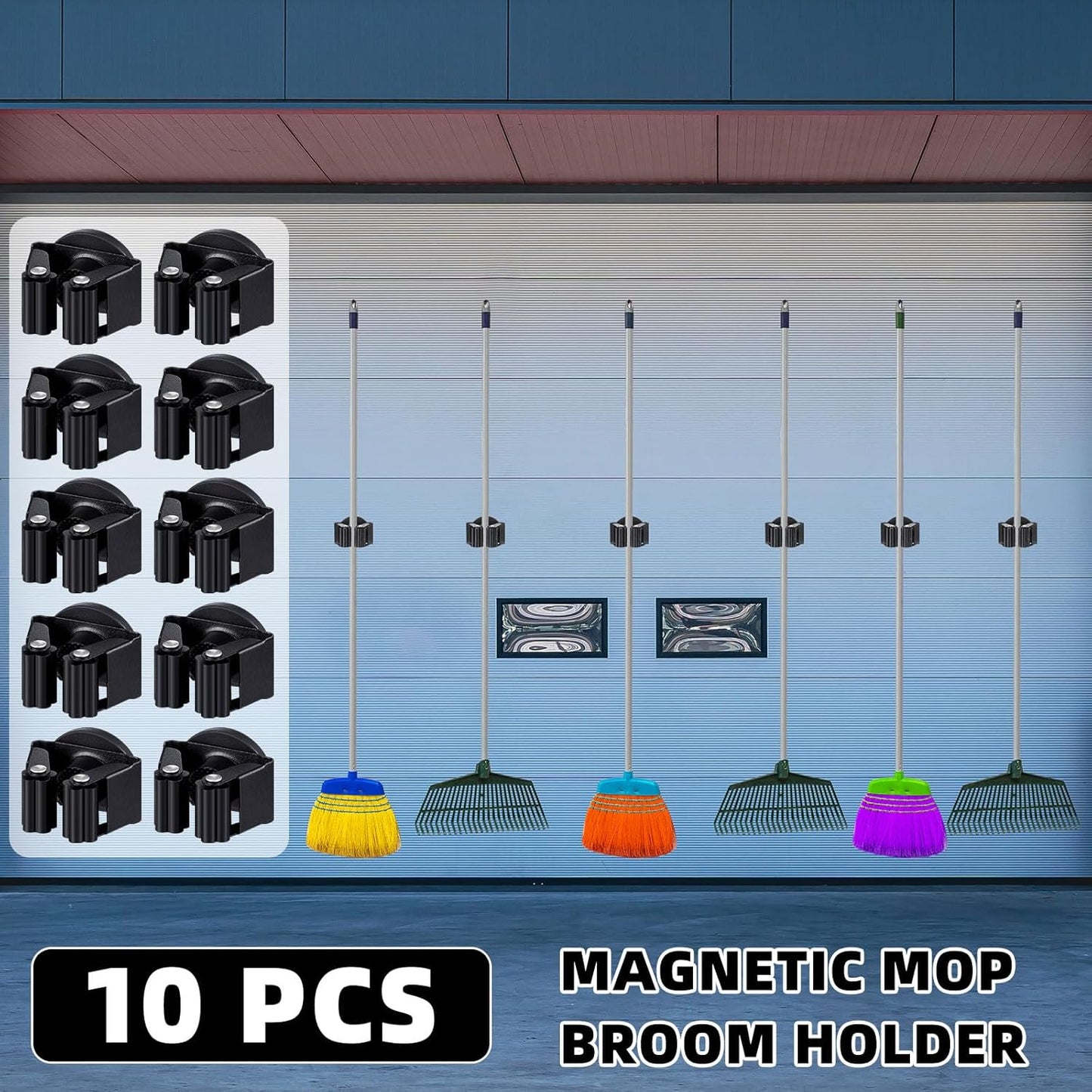10 Pcs Magnetic Mop Broom Holder Movable Magnetic Broom Holder Rack, Anti Slip Wall Mounted Utility for Cleaning Tools, Garage, Kitchen, Laundry, Garden (Black)
