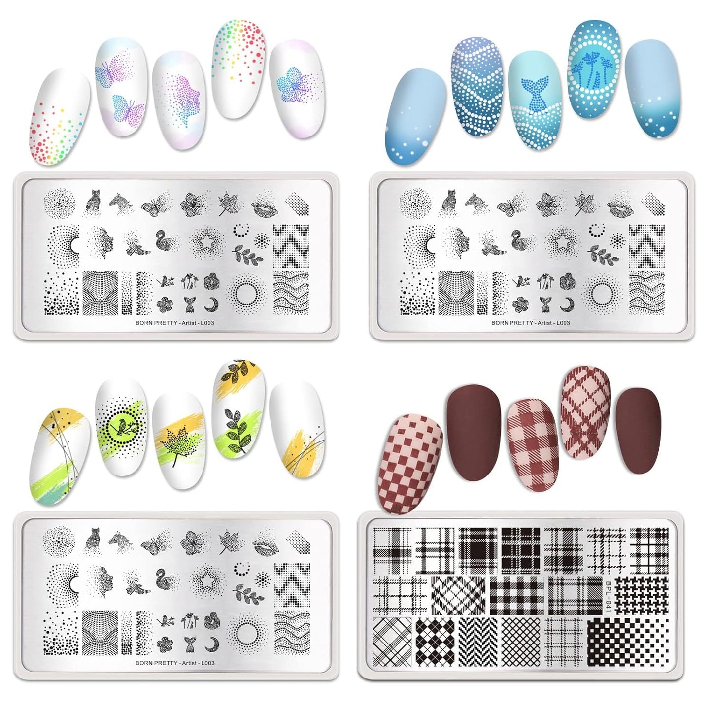 Born Pretty Nail Stamping Plates Set Plaid Flowers Leaves Lace Nail Art Image Plates Spring into Winter Stamp Templates Kit Image Manicuring DIY Printing Tools 8PCS
