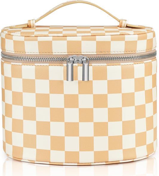 Makeup Bag Vanity Case Cosmetic Bag with Removable Divider Travel Toiletry Bag for Women Portable Make up Box Organizer, Beige and White