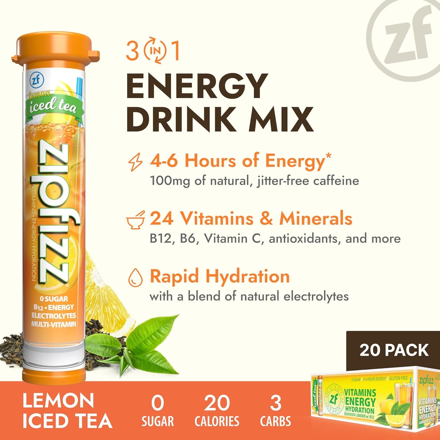 Zipfizz Daily Energy Drink Powder, Lemon Iced Tea, 20 Pack | 3-in-1 Sustained Energy, Rapid Hydration, and Essential Vitamins | Sugar-Free | Electrolyte Powder | Contains Vitamin B-12 & Antioxidants