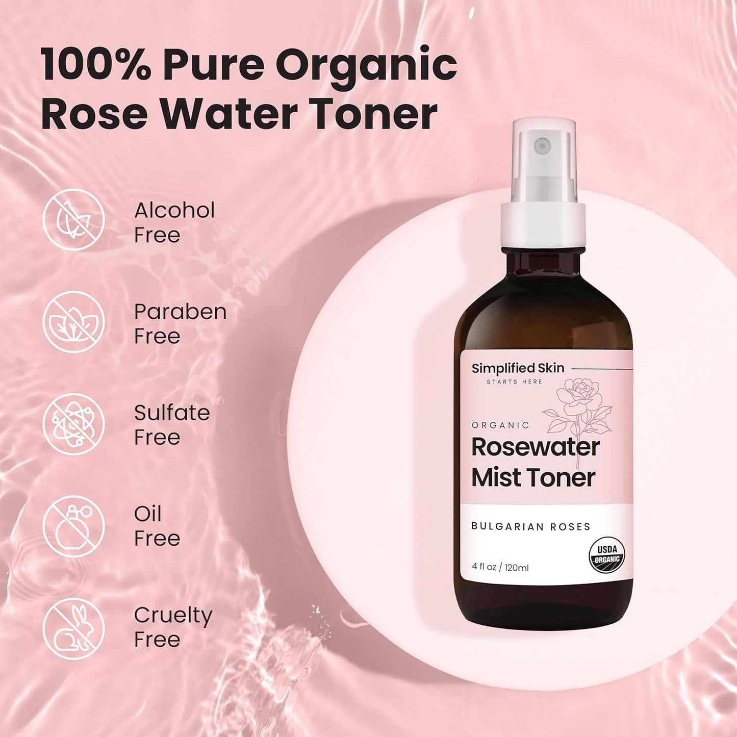 Rose Water Spray for Face & Hair (Refill) - Organic USDA Certified Rosewater Facial Toner - Alcohol-Free Makeup Setting Hydrating Face Mist - Anti-Aging Toner Spray - 8 Fl Oz