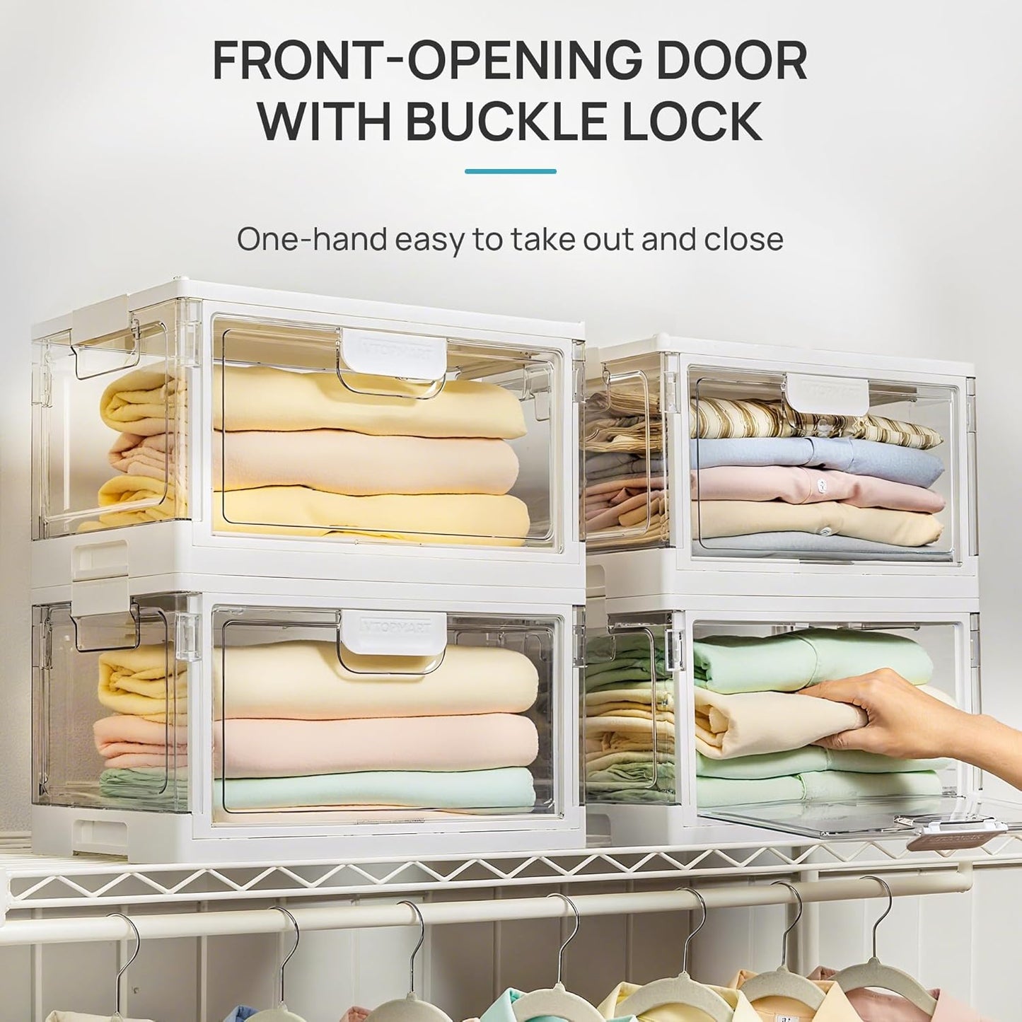 Vtopmart 4 Pack Stackable Storage Bins with Lids,24QT Clear Foldable Closet Organizer with Front-Open Doors,Plastic Storage Containers for Living Room, Bedroom, Craft Room, Dorm Organization