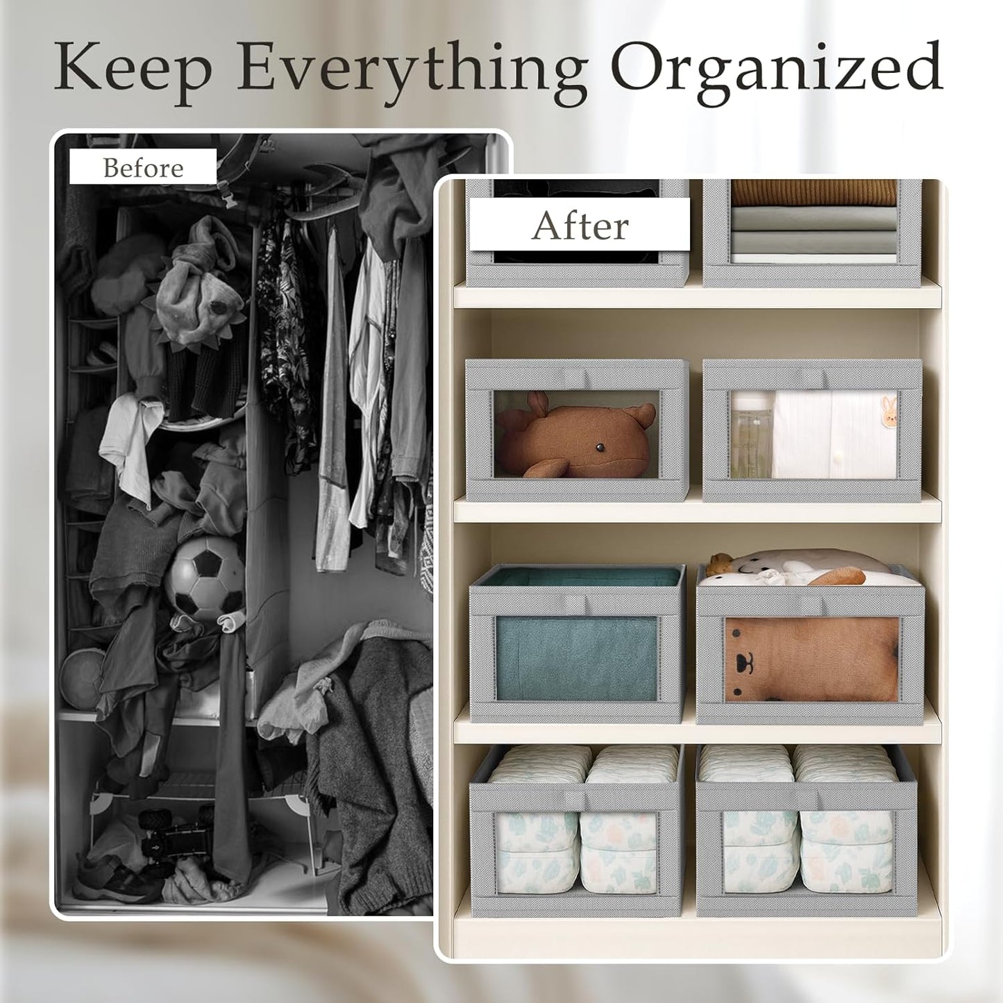 Criusia 4 Pack Linen Closet Organizers and Storage, Closet organizer Large Linen Closet Baskets for Organization, Foldable Storage Containers for Towels, Clothing, Jeans, Books, Shelves,Grey