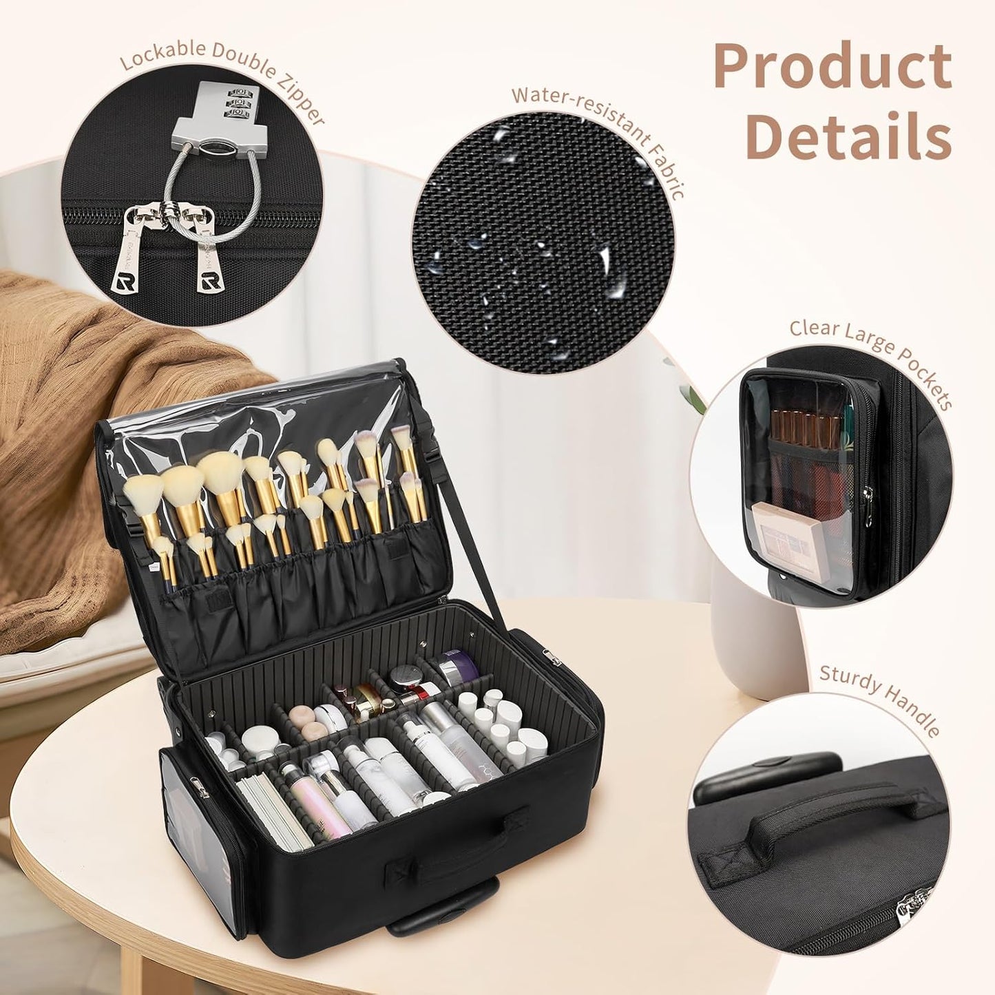 Large Rolling Makeup Case,Professional Makeup Artist Bag with 4 Small Bag Makeup Case, Adjustable Dividers, Portable Travel Supply Station for Cosmetics Storage Organizer Trolley Suitcase Makeup Cart