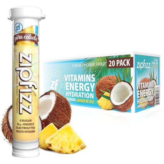Zipfizz Daily Energy Drink Powder, Pina Colada, 20 Pack | 3-in-1 Sustained Energy, Rapid Hydration, and Essential Vitamins | Sugar-Free | Electrolyte Powder | Contains Vitamin B-12 & Antioxidants