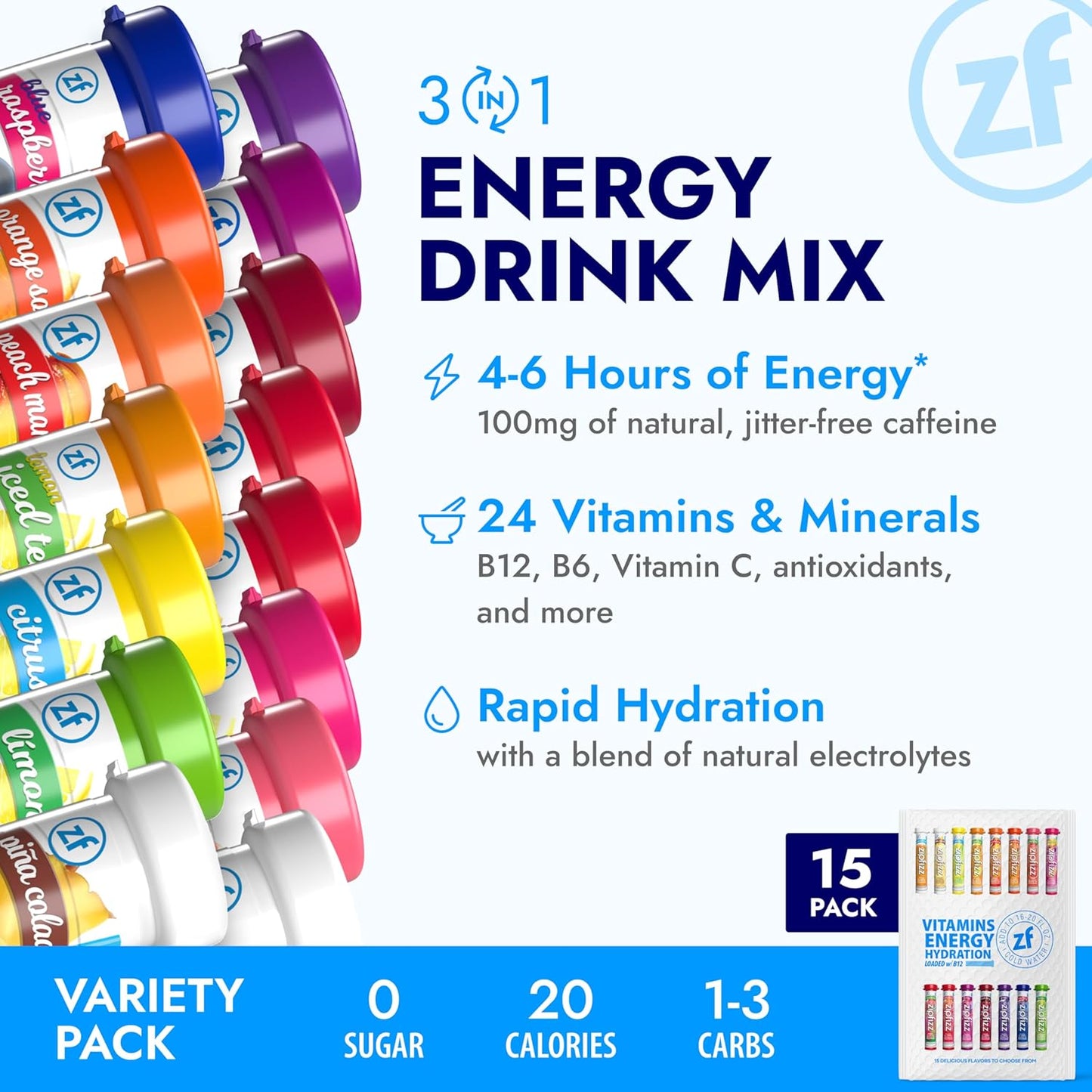 Zipfizz Daily Energy Drink Powder, Variety Pack, 15 Pack | 3-in-1 Sustained Energy, Rapid Hydration, and Essential Vitamins | Sugar-Free | Electrolyte Powder | Contains Vitamin B-12 & Antioxidants
