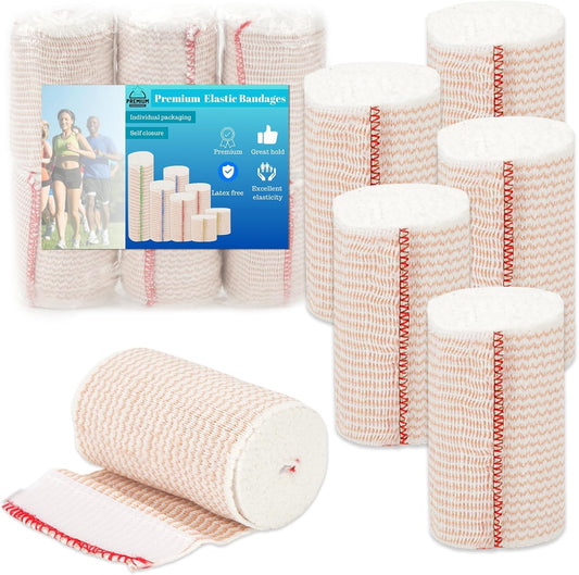 Premium Elastic Bandage Wrap 3 inch 6 Pack Reusable Versatile Self-Closing Compression Bandage Wraps for Ankles, Wrists Knee, Tummy and Body Cotton Lymphedema Wraps for Legs Latex-Free