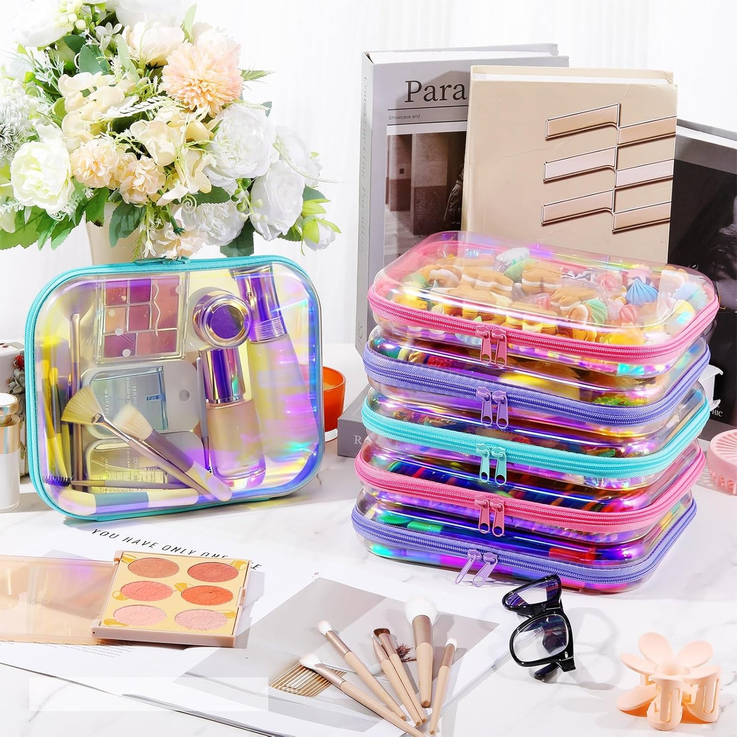 Sanwuta 6 Pcs Clear Hard Zipper Case Pencil Pouches Hard Plastic Zipper Pouches Makeup Bag Transparent Cases for Snacks Plastic Storage Organizer Box for Travel(Holographic,9.84 x 7.87 x 2 Inch)