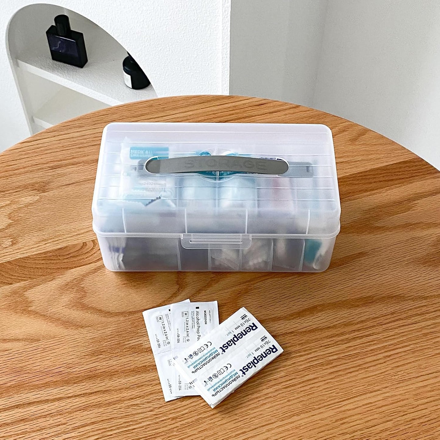 Bandage Organizer with Lid and Handle, Plastic Bandaid Storage Container for Home Medicine Cabinet, First-Aid Holder for Strip, Medical Elastic Wrap, Alcohol Swab Sorter Box, 2 Pack