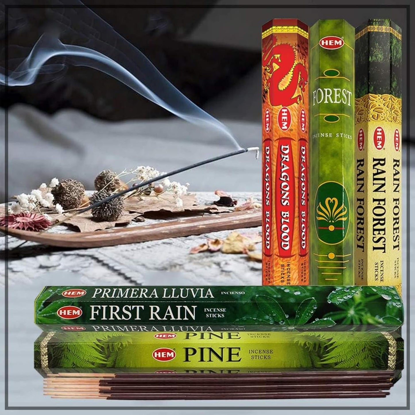 Hem Incense Sticks Variety Pack #12 and Incense Stick Holder Bundle with 5 Forest Themed Fragrances
