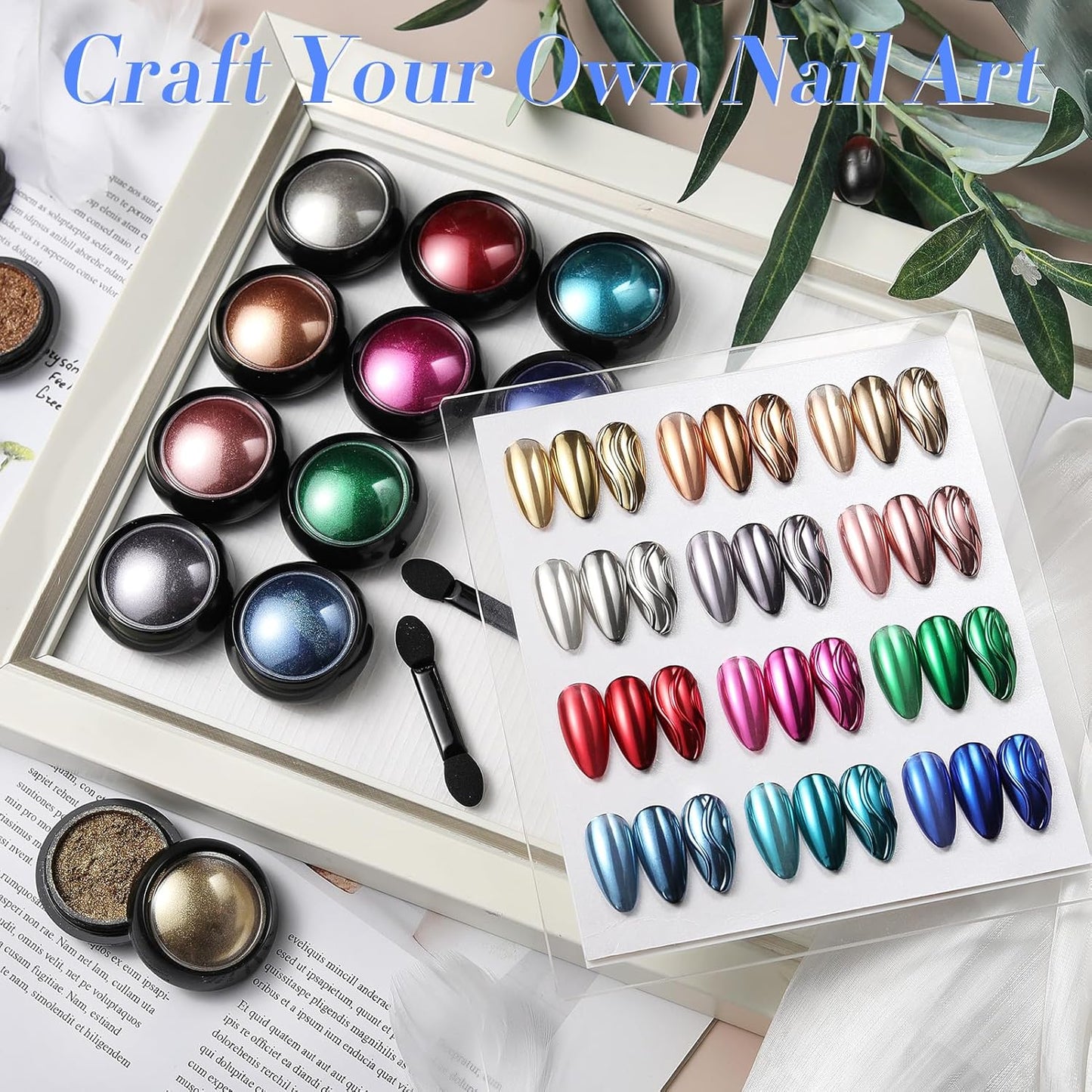 Born Pretty Mirror Chrome Nail Powder Set, 12 Colors Metallic Mirror Effect Nail Powder Gold Silver Rose Gold Red Blue Holographic Aurora Chameleon Pigment for Nail Art Gel Polish Decoration Sets