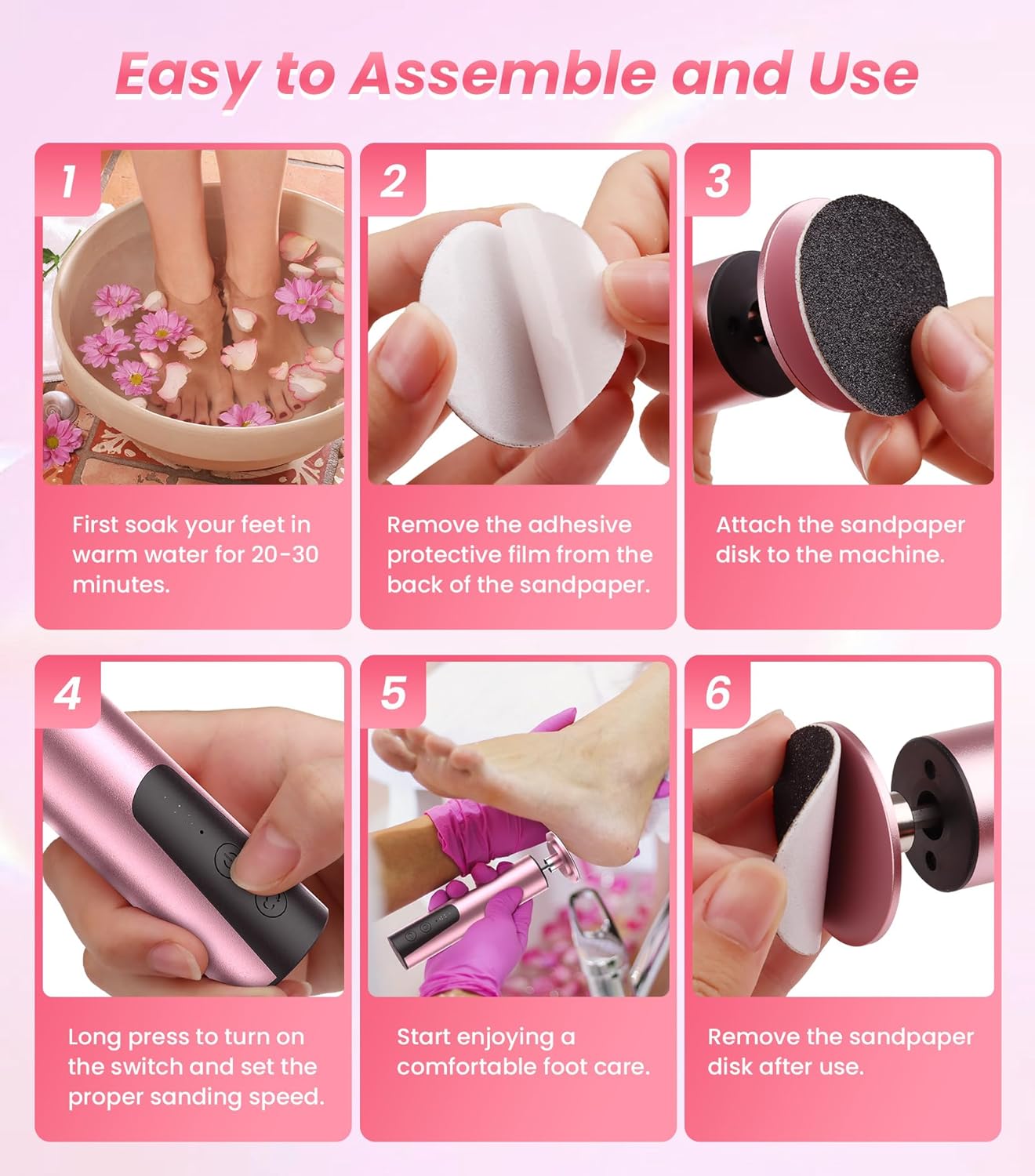 Electric Foot Callus Remover, 6 Speeds 2-in-1 Rechargeable Electric Foot File & Nail Grinder, Callus Remover for Feet Pedicure Tools with Sandpaper Disc for Dead Skin - Pink
