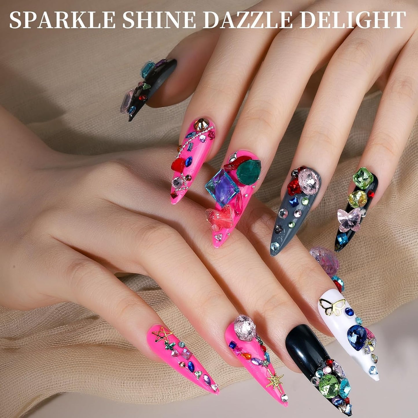 FANDAMEI Nail Gems, 3-Box Colorful Nail Rhinestones Nail Charms and Gems, 3D Rainbow Crystal Nail Diamonds Bulk, Mix-Size Flatback Gems for Nails, Gold Silver Nail Studs Beads for Nail Design