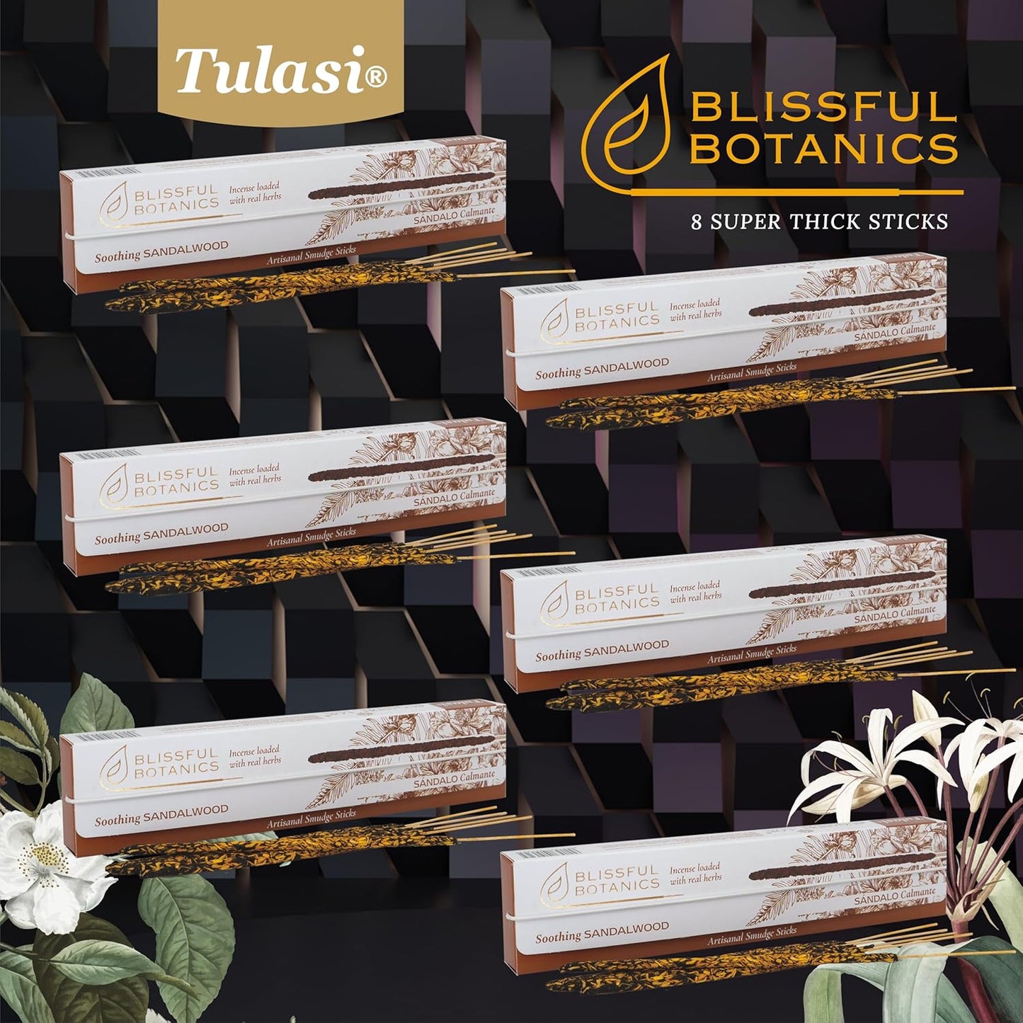 Tulasi Sandalwood Smudge Incense Sticks Pack – 48 Natural Smudge Sticks (6 Boxes x 8), Long Burning (55 Min), Aromatherapy, Spiritual Cleansing, Meditation, Mood Lifting, Air Purifying Incense