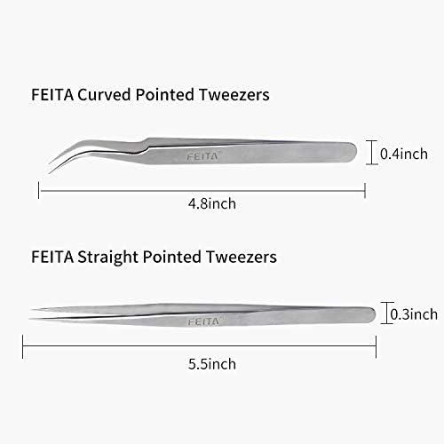 Best Eyelash Extension Tweezer Set - FEITA Pro Straight & Curved Pointy Precision Fine Tip Tweezers for Lash Extensions - Silver - 2Pcs