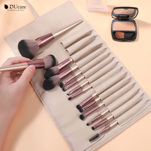 DUcare Makeup Brushes with Bag - 14Pcs Professional Synthetic Make Up Brushes Set for Blush Concealer Foundation Bronzer Powder Eyebrow Eyeshadow Blending Makeup Brush Set Mekaup bag, Rose Golden