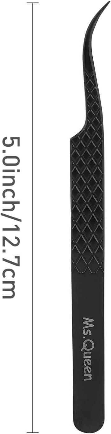 Ms.Queen Eyelash Extension Tweezers,Microfiber Tip Curved Lash Tweezers for Volume, Isolation& Classic Lashes Extensions,Black