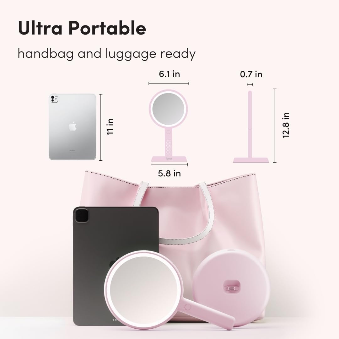 Fancii Cami Handheld Travel Makeup Mirror with Lights, Rechargeable, Extra Large, Double Sided 5X / 1X Magnifying Mirror - 3 Color Lighting, Handheld or Vanity (Strawberry Cream)