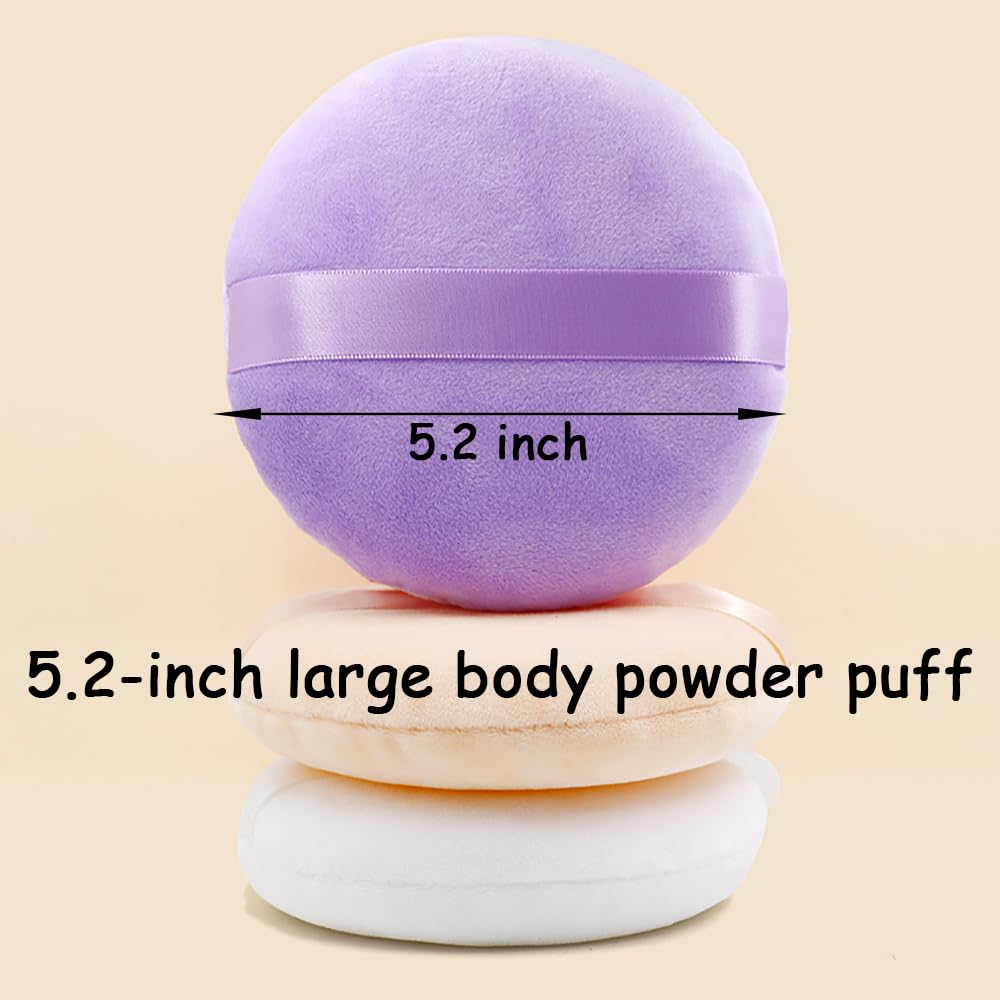 2 Pack Extra Large 5.2" Beige & Purple Powder Puffs and 5.3" Glass Container – Oversized Soft Body & Face Large Powder Puff Dusting Powder Jar Holder Case(Multi-Color Glass)