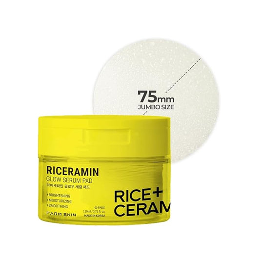 FARMSKIN Riceramide Glow Serum Pad - Revitalizing & Moisturizing Face Serum Cotton Rounds with 3x Ceramide, Rice Filterate & Niacinamide - Korean Skin Care for Uneven Skin Tone (60 Sheets, 3.71 fl oz)