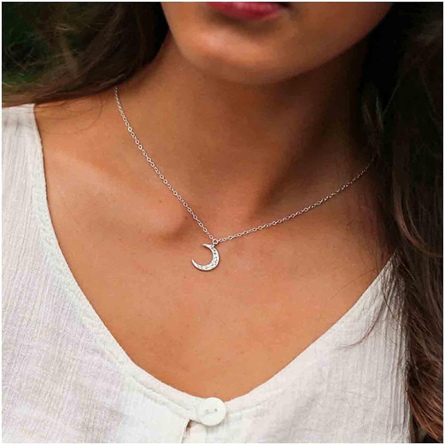Boho Rhinestone Moon Necklace CZ Crescent Pendant Necklace Chain Minimalist Necklace Festival Jewelry for Women and Teen Girls