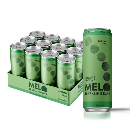 Melo Sparkling Kava Drink, Tahitian Lime, Sugar Free Non Alcoholic Drinks with Zero Calories, Gluten Free, Vegan, 100% Natural Mocktail with 750mg Kava Root per Drink, 12 Pack, 12 oz Cans