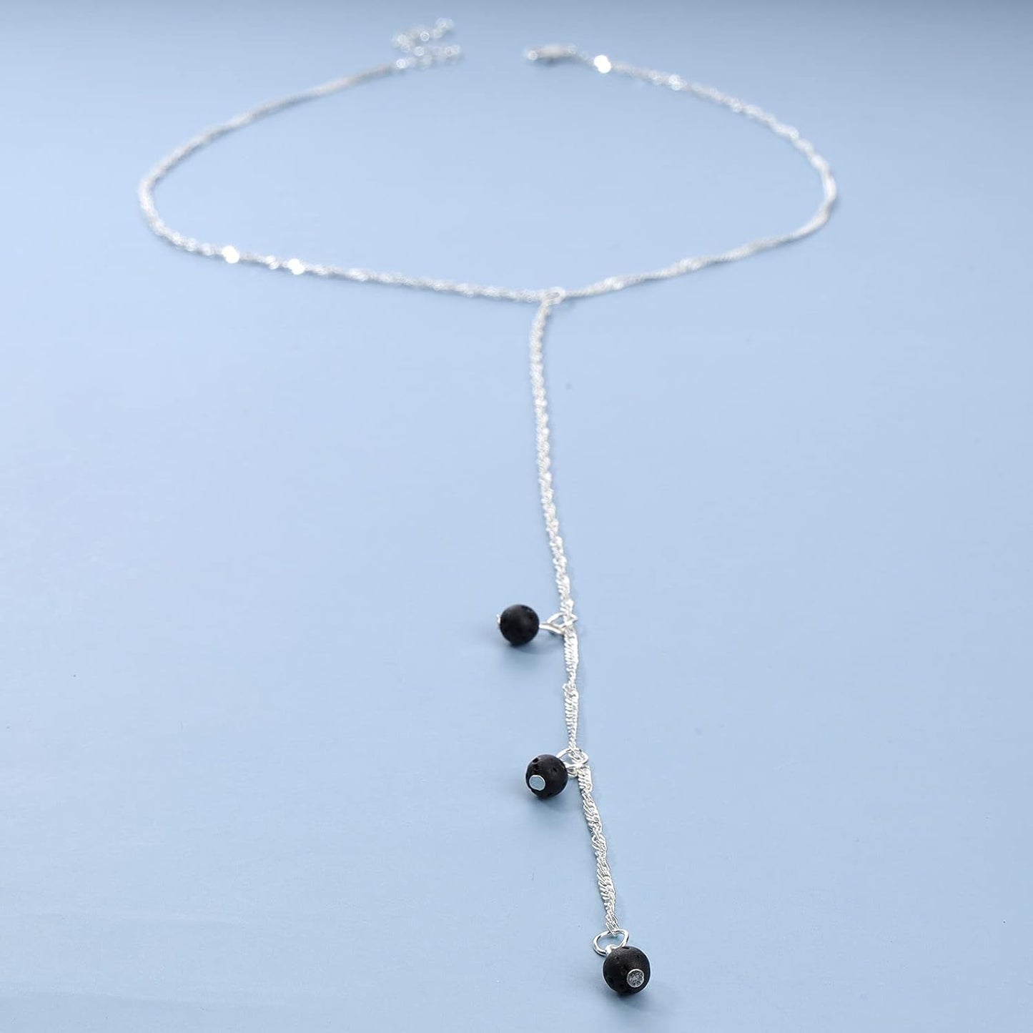 Boho Layered Lava Bead Necklace Silver Stacking Y Necklace Skinny Chain Tassel Necklace Long Chain Y Lariat Necklace Jewelry for Women