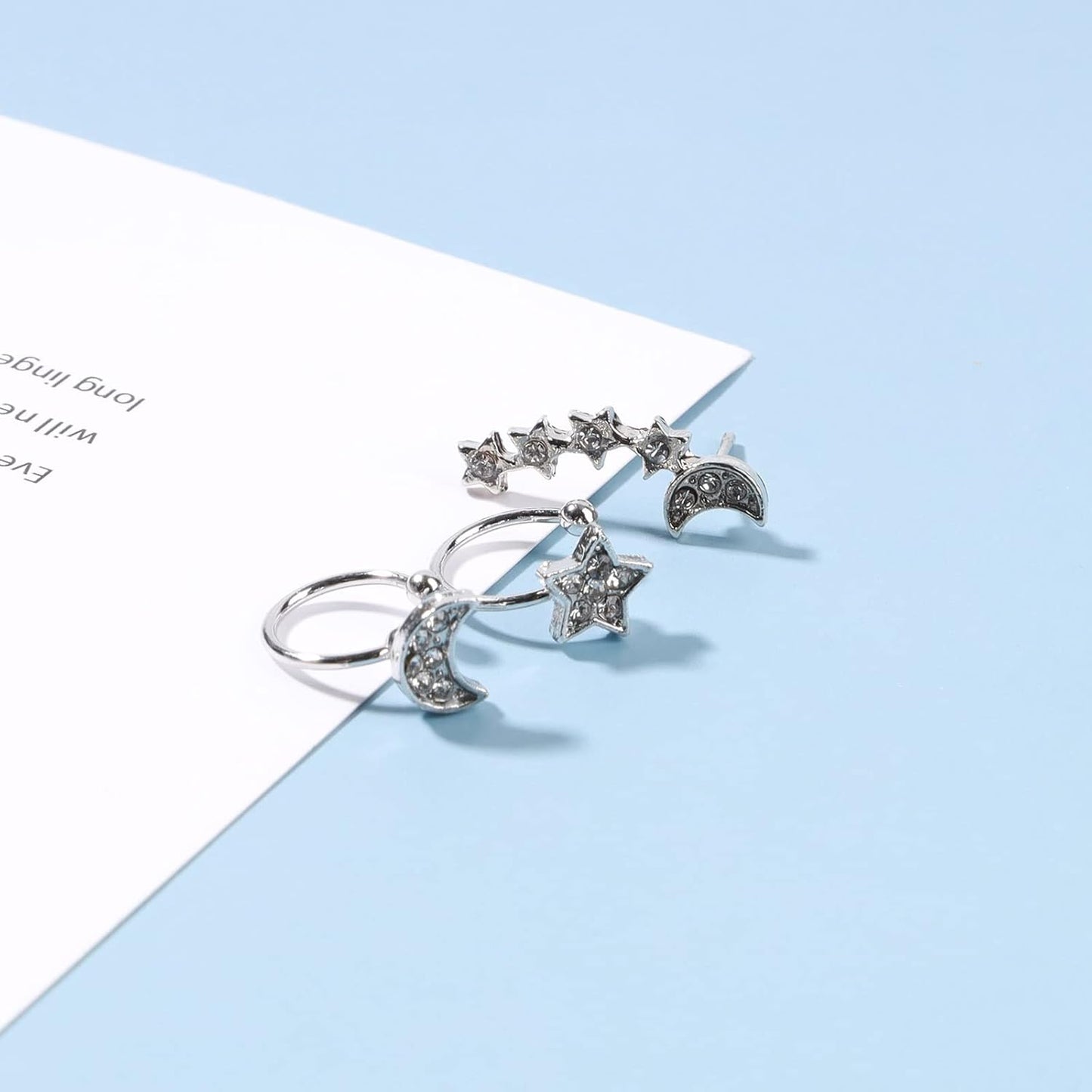 Boho Moon Star Ear Climber Earrings Silver Cz Star Ear Crawler Earrings Vintage Rhinestone Moon Cuff Earrings Cartilage Star Trailing Earrings Celestial Jewelry for Women and Girls Gifts