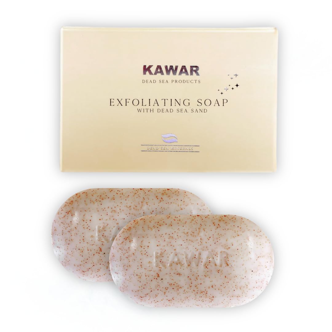 KAWAR Dead Sea Exfoliating Soap with Dead Sea Sand - Salicylic Acid, Magnesium Chloride, Shea Butter, Olive Oil & Tea Tree - Vegan Soap Bar for Men & Women, 4.2 oz (Pack of 2)