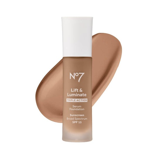 No7 Lift & Luminate Triple Action Serum Foundation - Tawny - Liquid Foundation Makeup with SPF 15 for Dewy, Glowy Base - Radiant Serum Foundation for Mature Skin (30ml)
