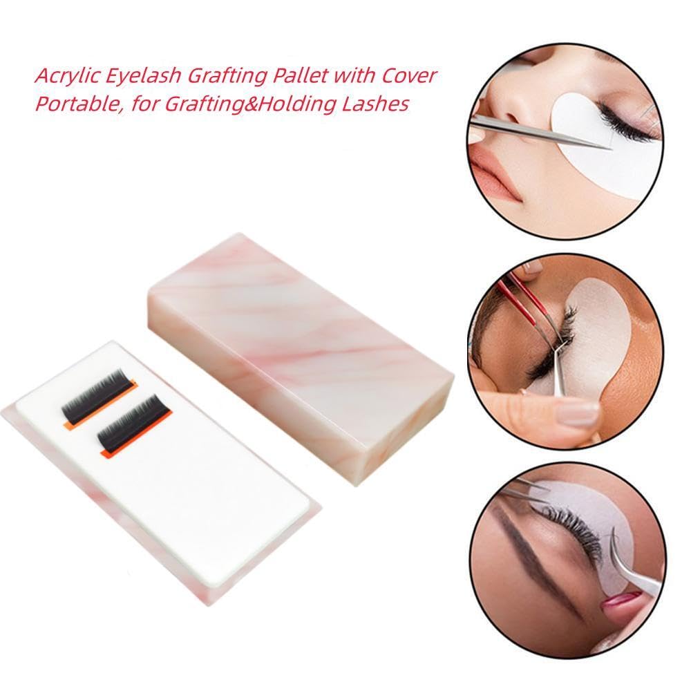 Eyelash Grafting Pallet with Cover, Dust-proof Acrylic Lash Tile holder, Eyelash Extensions Storage Gasket Pads for Beauty Artist Salon Beginners (Marble Pink)