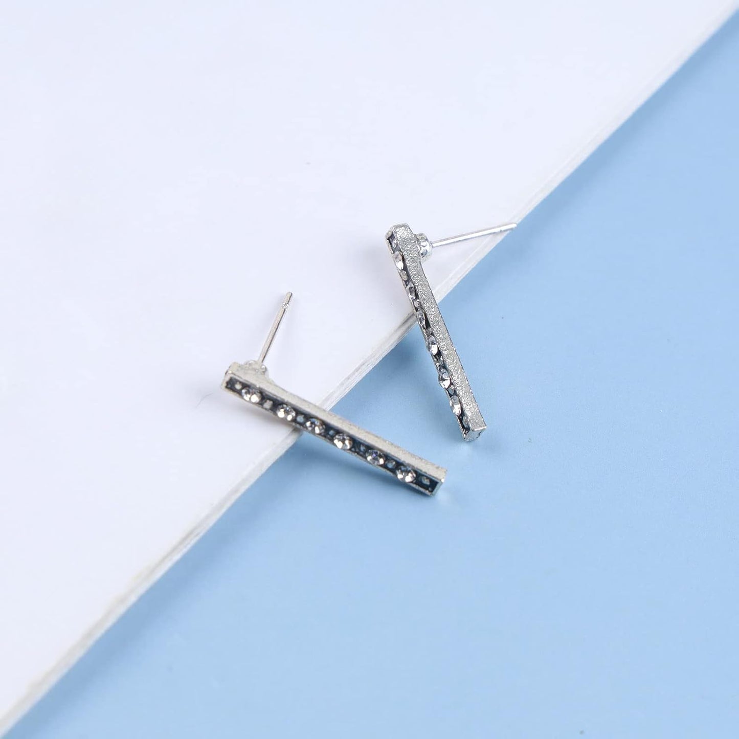 Geometric Crystal Bar Earrings Silver Cz Bar Stick Earrings Cz Rhinestone Bar Stud Earrings Silver Minimalist Earrings Jewelry for Women and Girls
